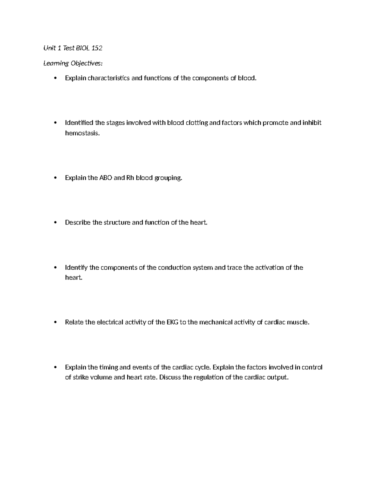 Unit 1 Test BIOL 152: Blood, Heart, and Cardiac Cycle Objectives - Studocu