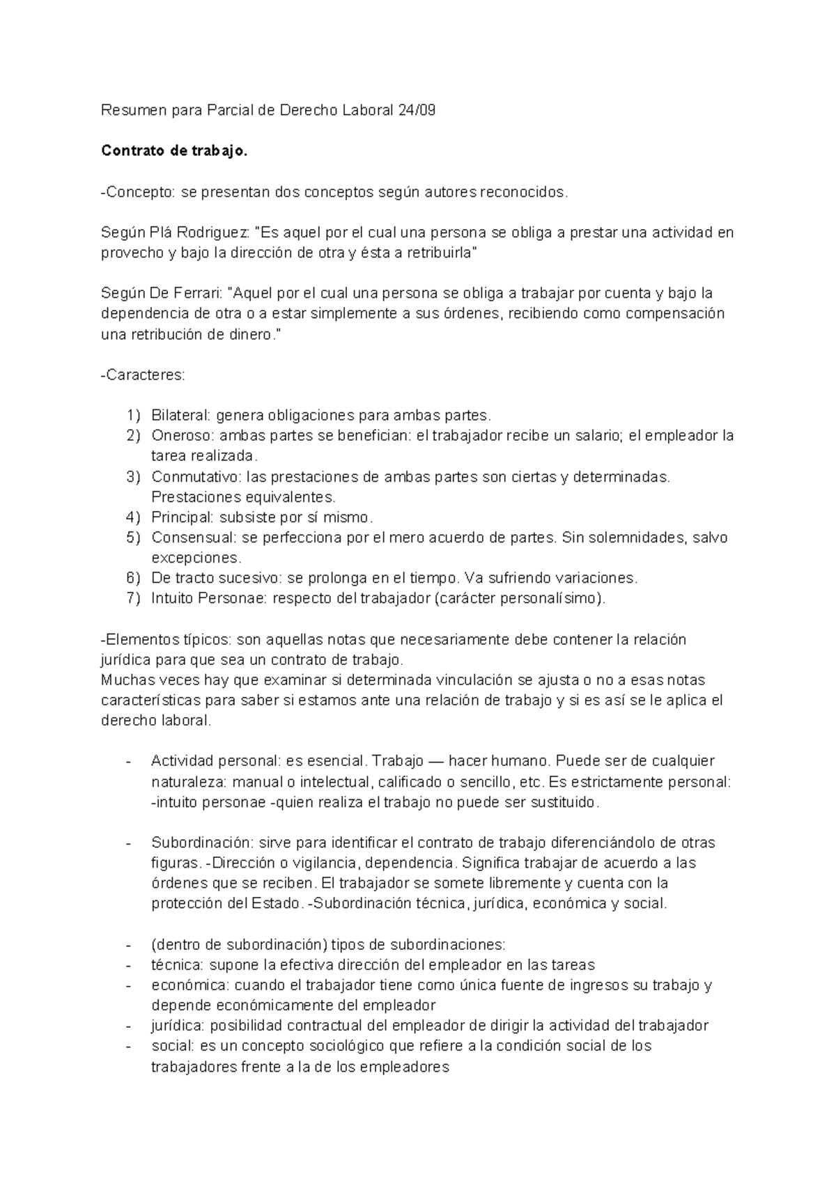 Resumen para Parcial de Derecho Laboral (DERECHO 101) - Studocu