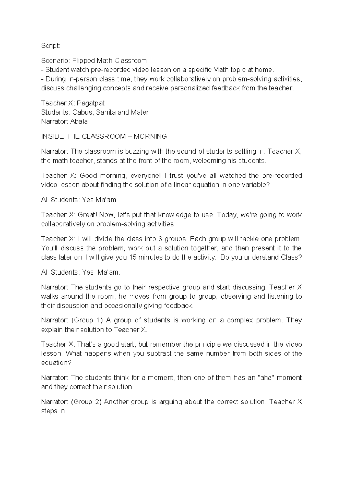 Group-1 Script - Goodluck - Script: Scenario: Flipped Math Classroom ...