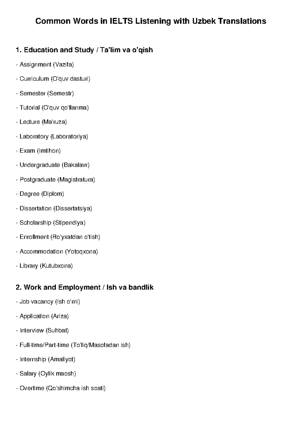 Common Words for IELTS Listening with Uzbek Translations - Study Guide ...