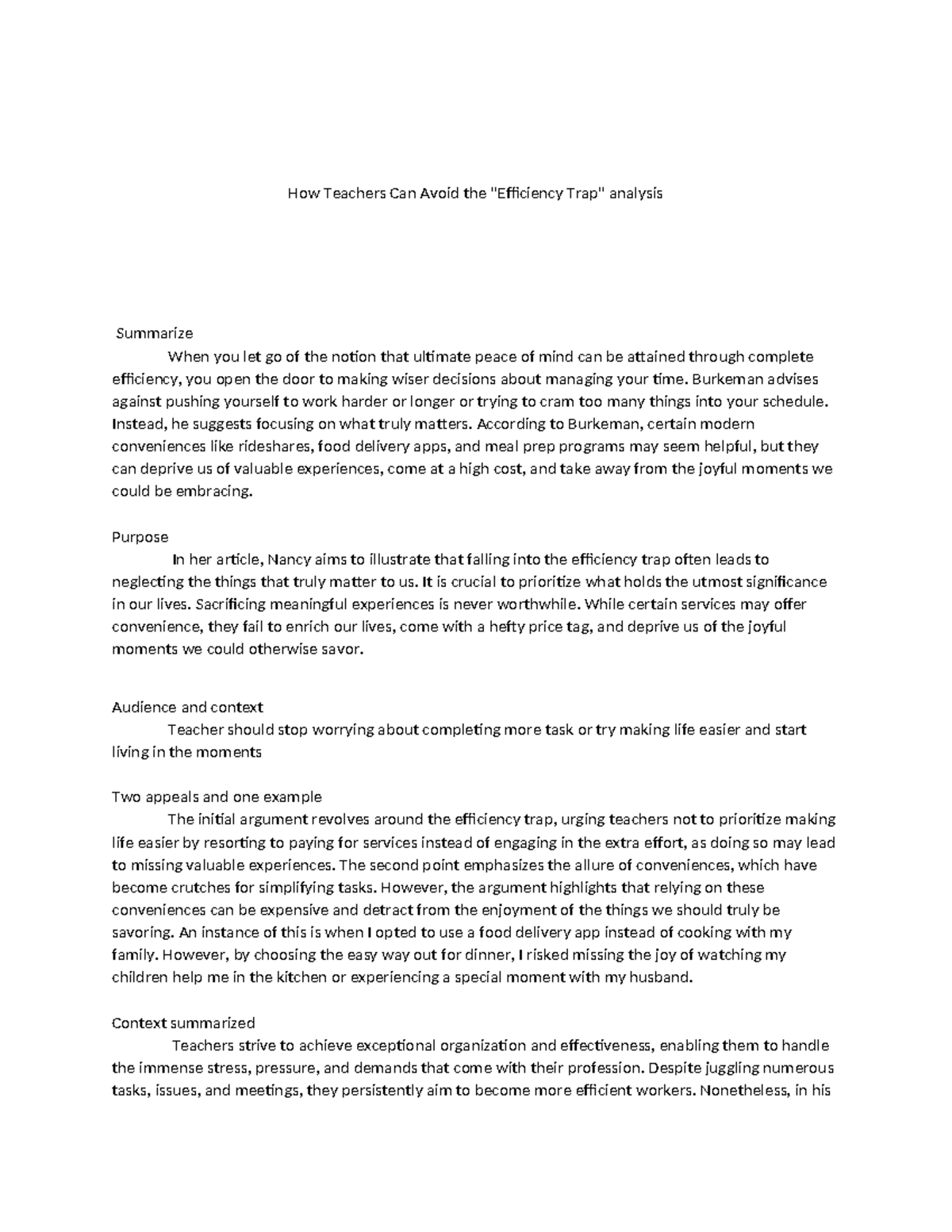Analysis Task 1: Avoiding the Efficiency Trap for Teachers - Studocu
