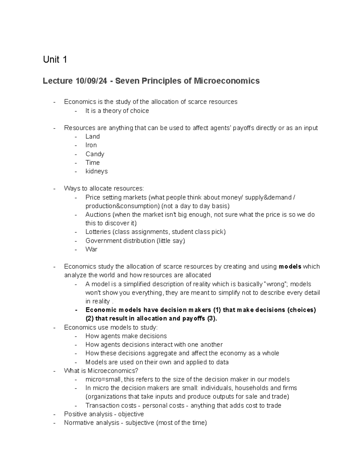 ECON101 notes - Unit 1 Lecture 10/09/24 - Seven Principles of ...