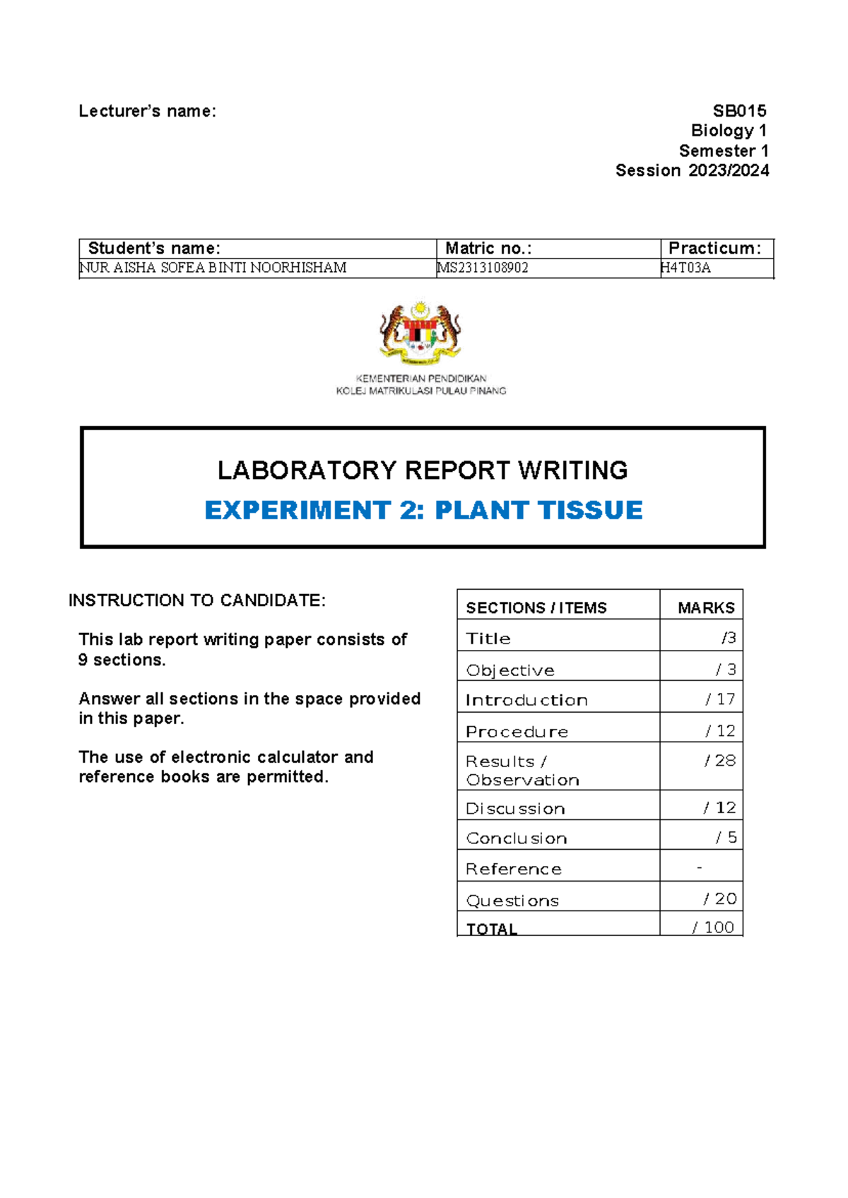 NUR SB015 Biology 1: Lab Report on Plant Tissue Experiment 2 - Studocu