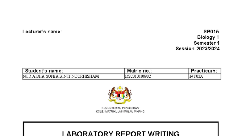 NUR SB015 Biology 1: Lab Report on Plant Tissue Experiment 2 - Studocu