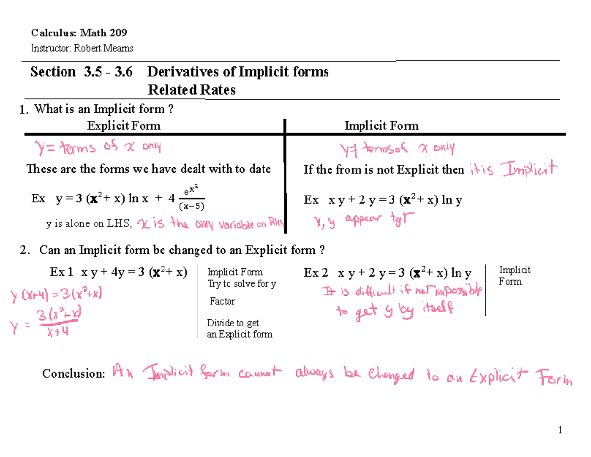 Calculus Math 209: Sec 3.5 & 3.6 Derivatives of Implicit Forms - Studocu