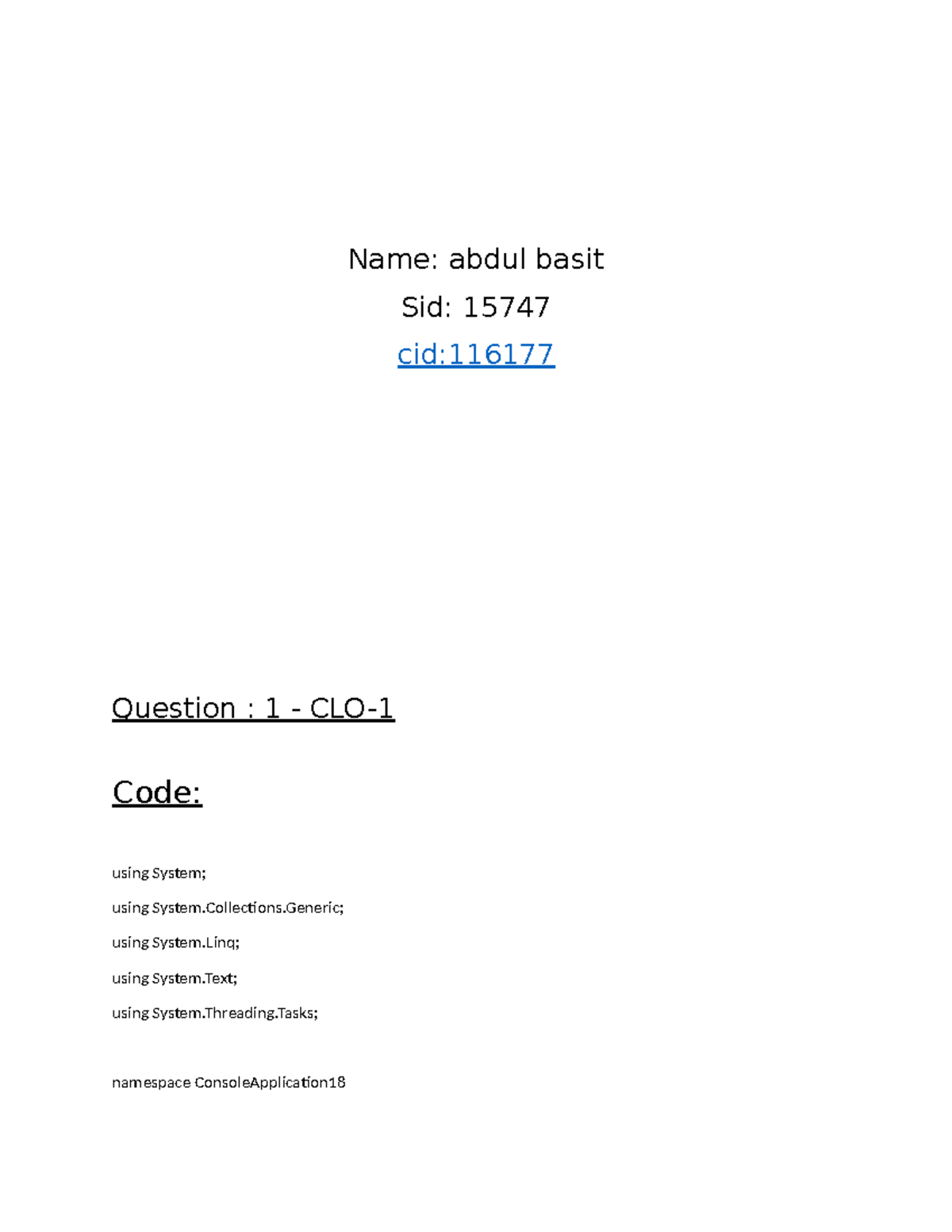 A.basit-15747 OOP LAB EXAM - Name: abdul basit Sid: 15747 cid: Question ...
