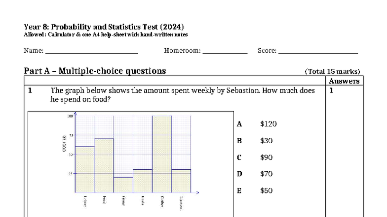 Year 8: Statistics & Probability Test (2024) - Calculator Allowed - Studocu