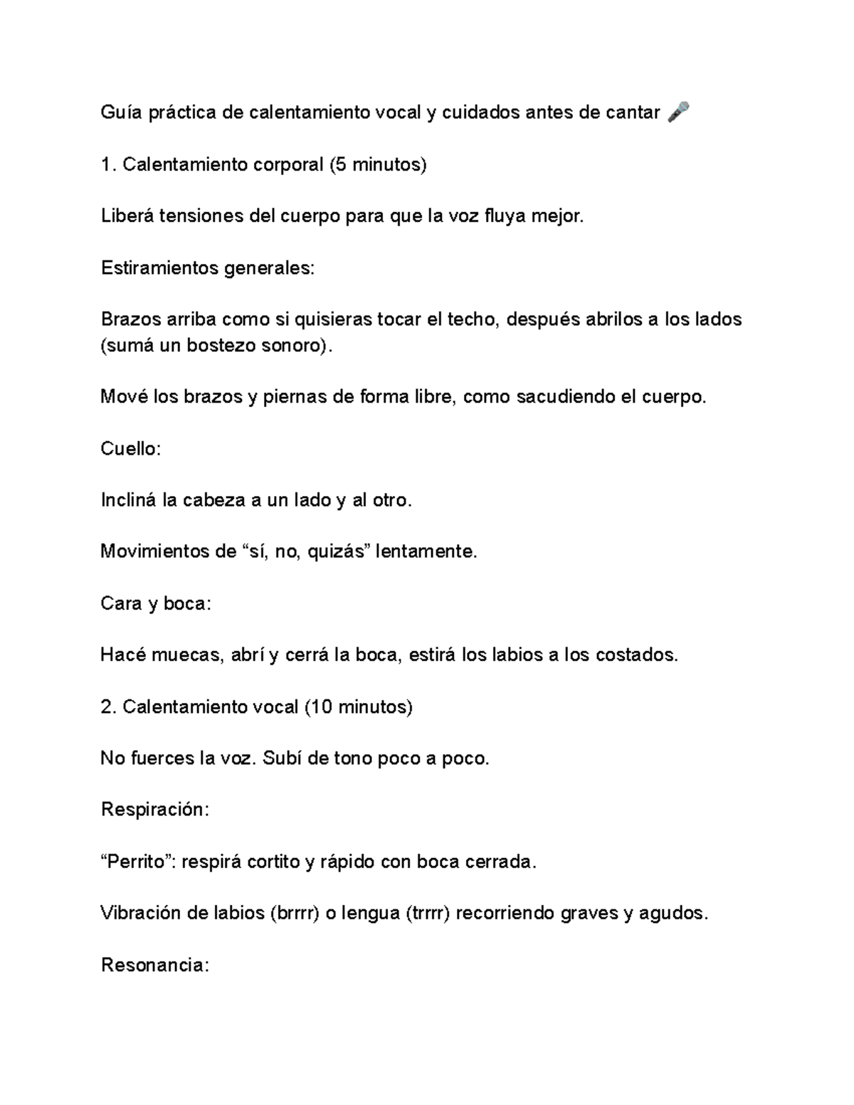 Guía Práctica de Calentamiento Vocal y Cuidados Antes de Cantar - Studocu