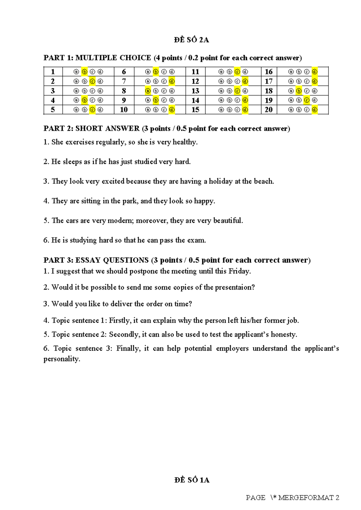 ĐỀ SỐ 2A - ENG 167: Multiple Choice, Short Answer & Essay Questions ...