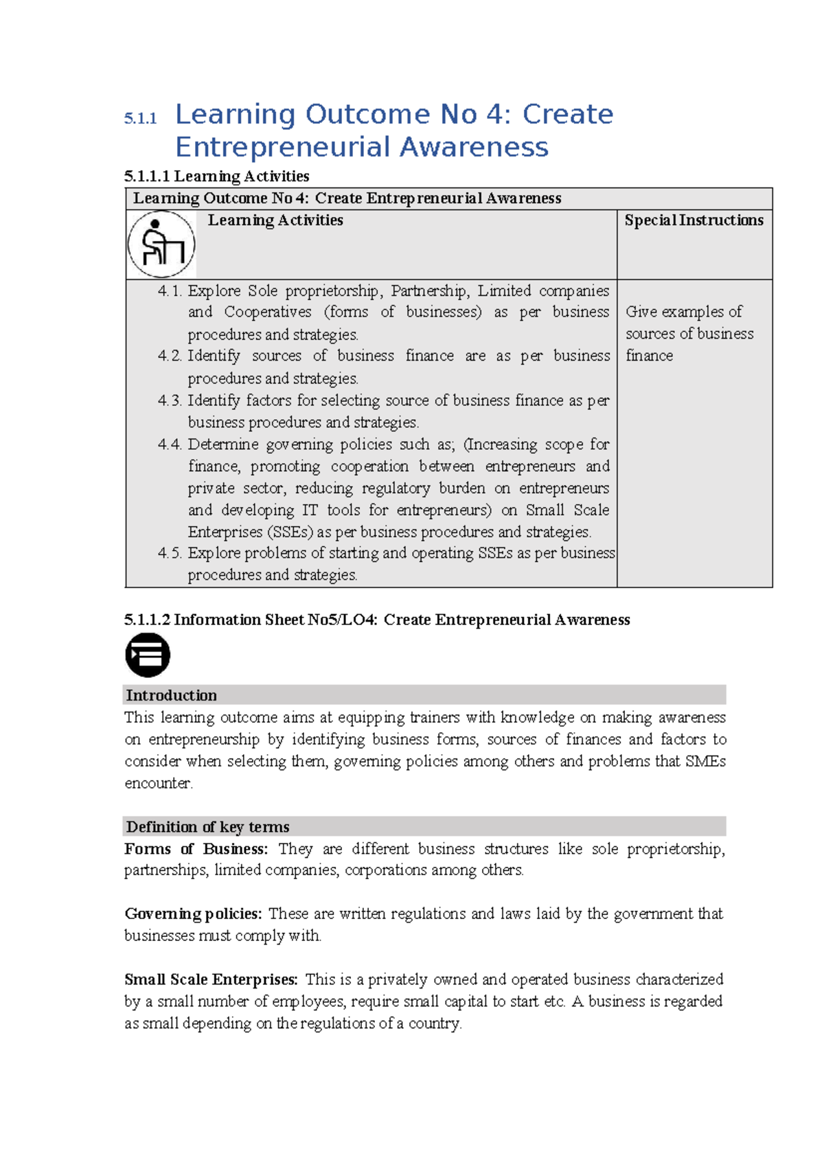 5.1.1 Learning Outcome 4: Entrepreneurial Awareness & Business Finance ...