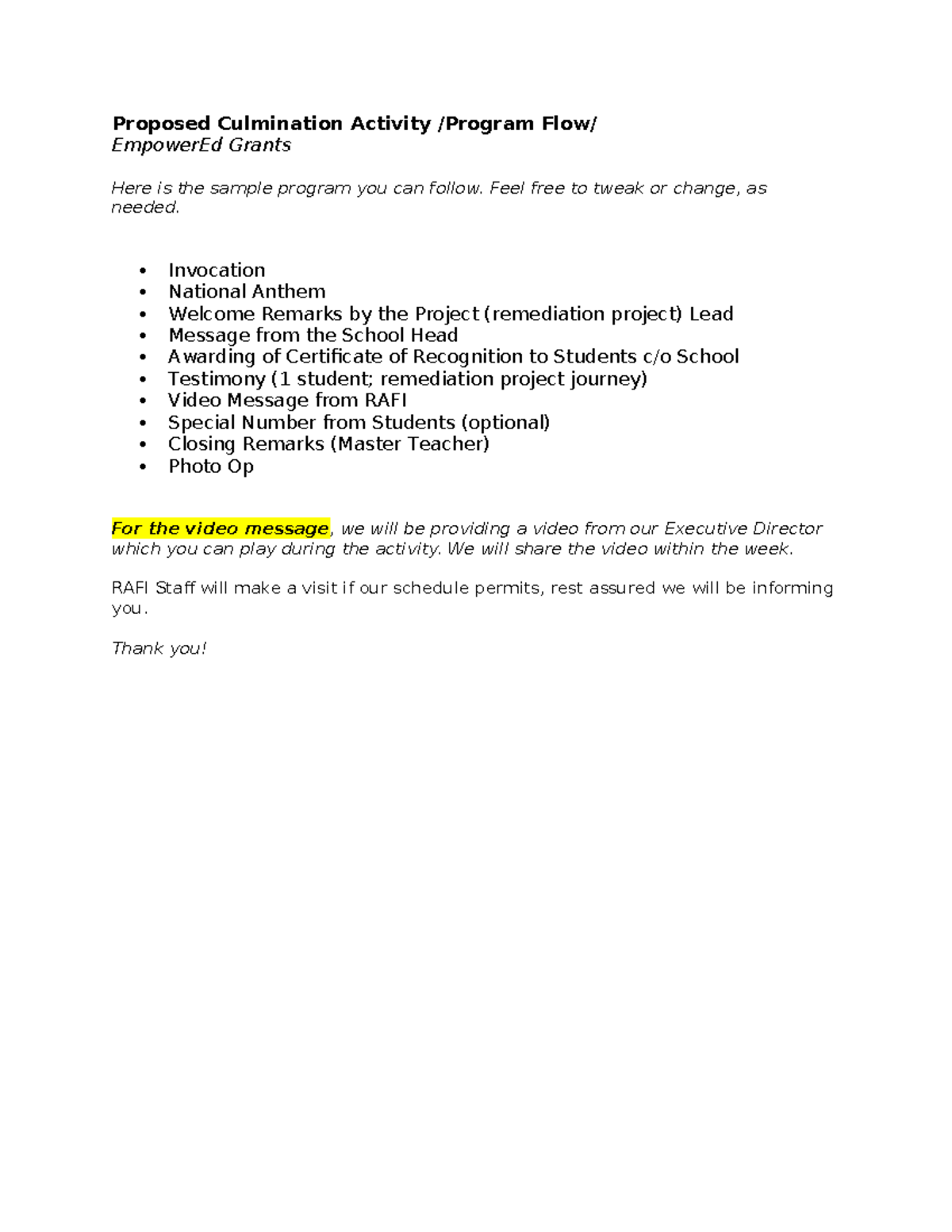 Sample Program Flow for Culmination Activity - EmpowerEd Grants - Studocu