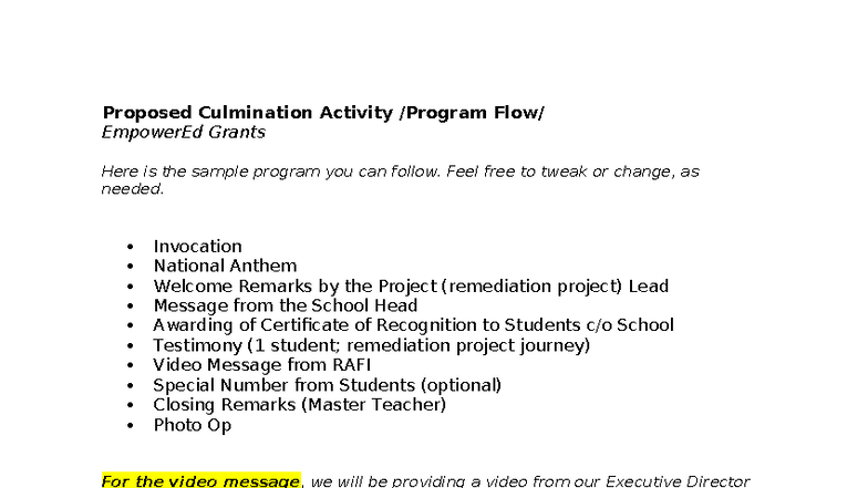 Sample Program Flow for Culmination Activity - EmpowerEd Grants - Studocu