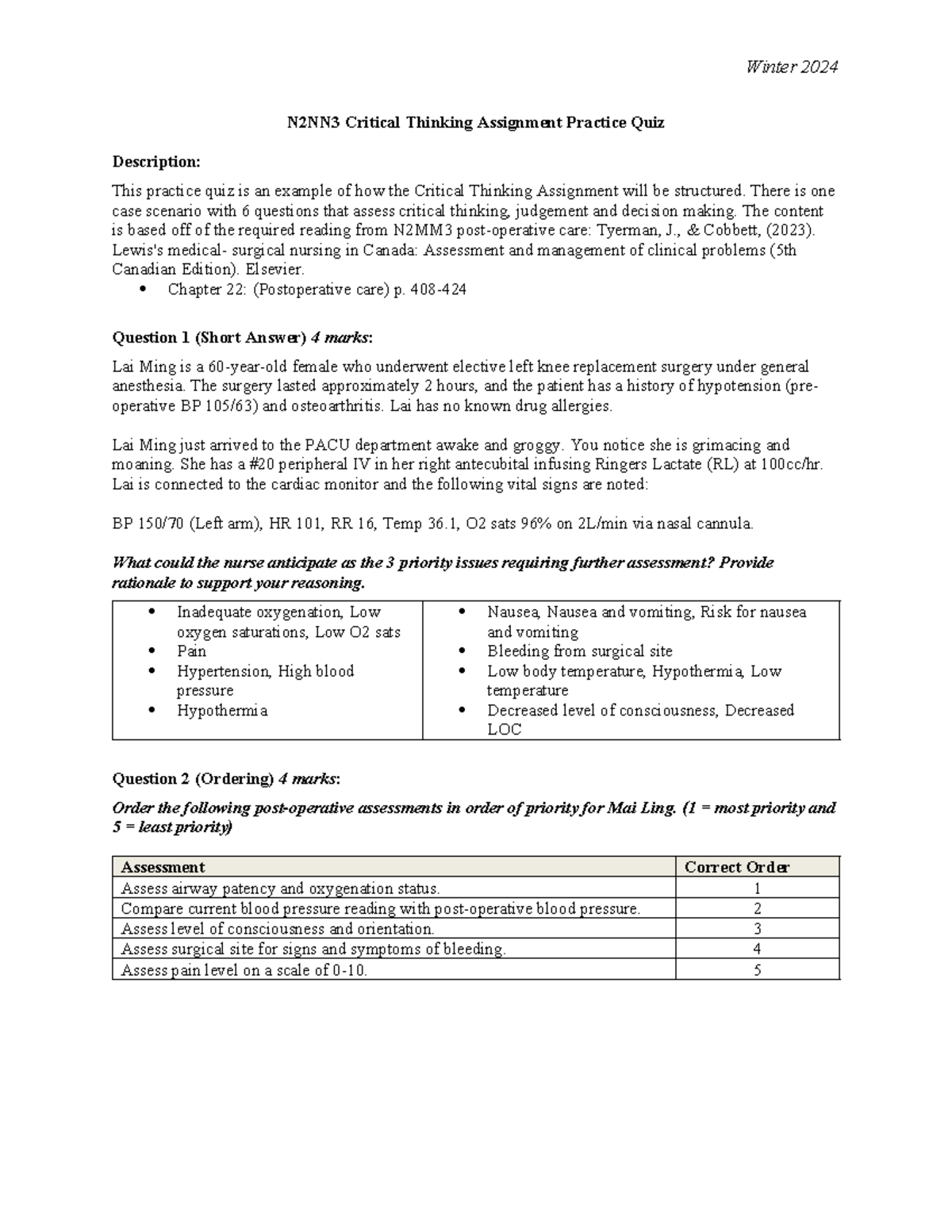 N2NN3 Critical Thinking Assignment Practice Quiz W24 with Scenarios ...