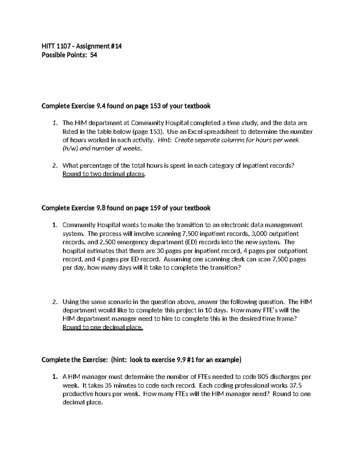 HITT 1107 - Assignment 14: HIM Time Study & Data Management Exercises ...