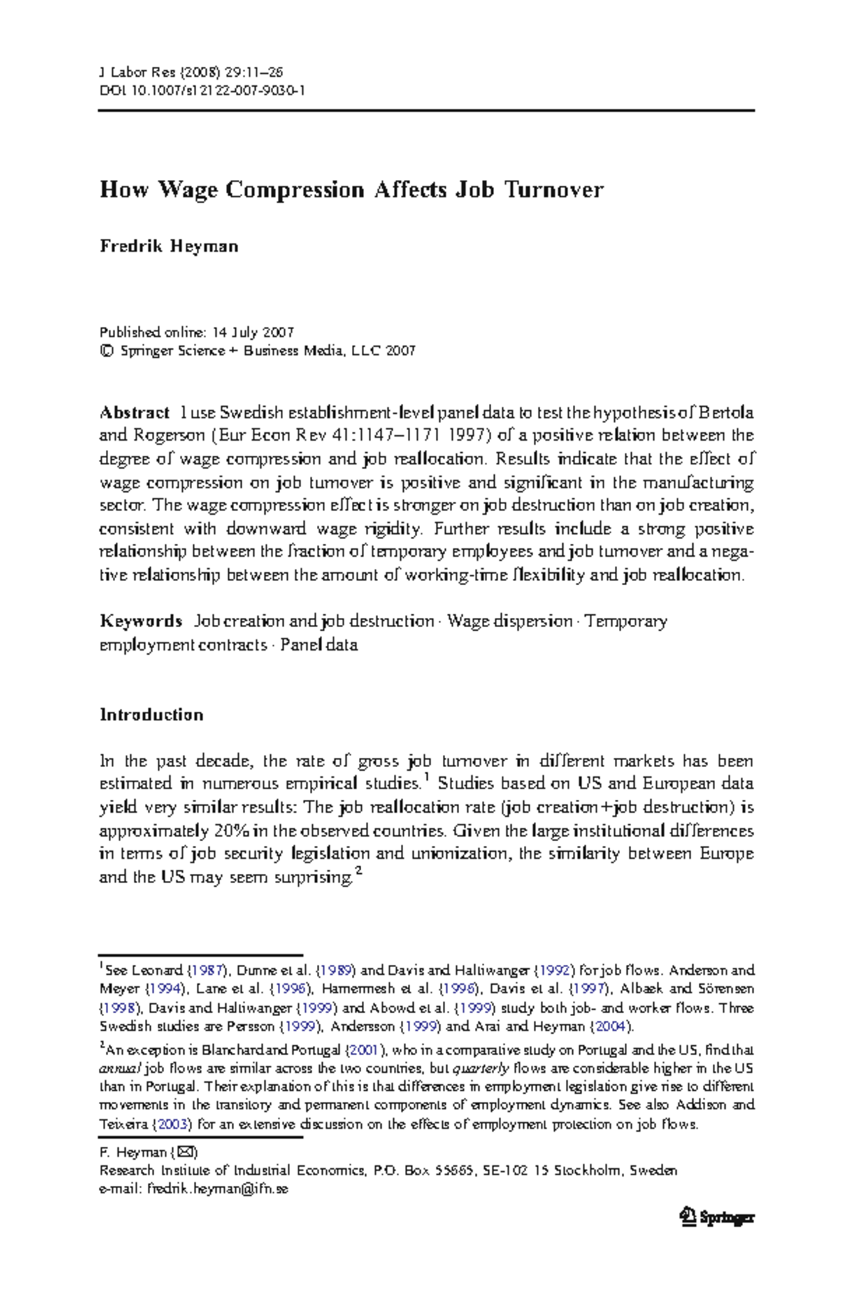 S12122 Wage Compression and Job Turnover: Evidence from Sweden - Studocu