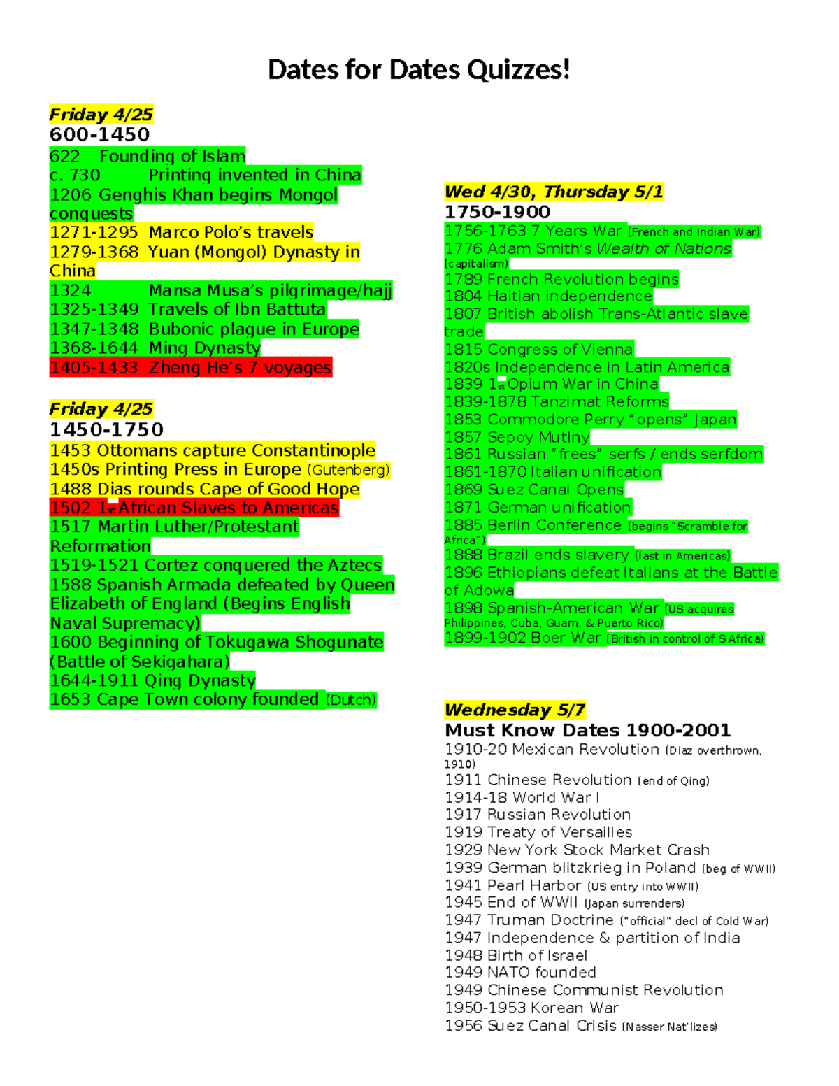 Dates for Dates Quizzes 2025: Key Historical Events Overview - Studocu
