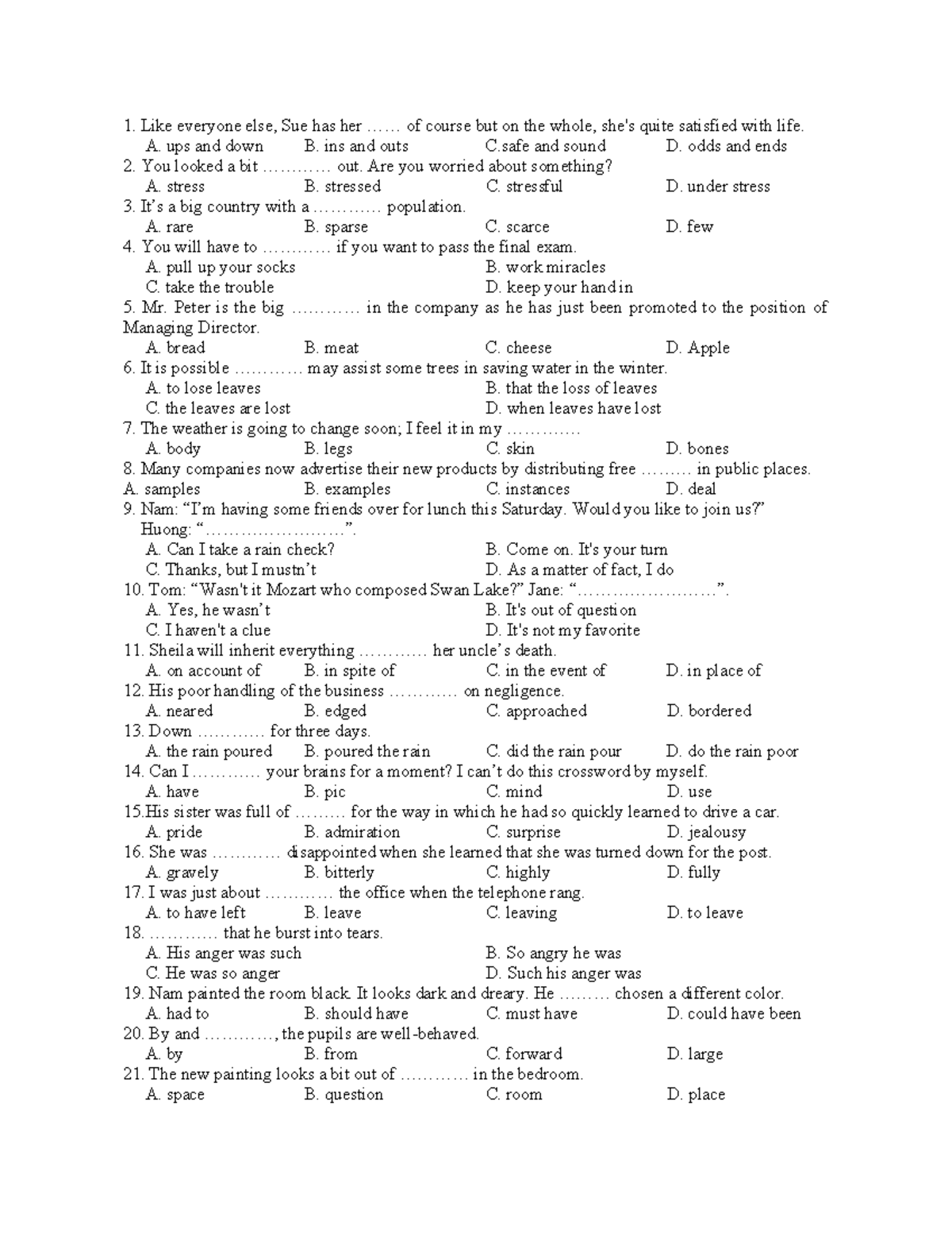Multiple Choice Questions for English Language Proficiency (ENG 101 ...