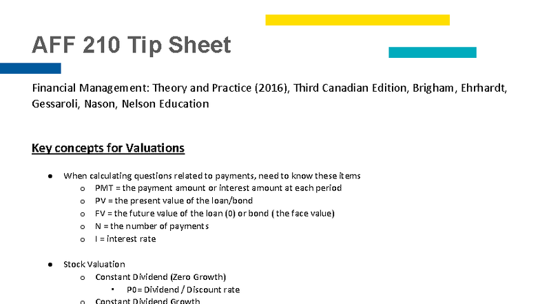 W2020 AFF 210 Tip Sheet: Key Concepts in Financial Valuation - Studocu