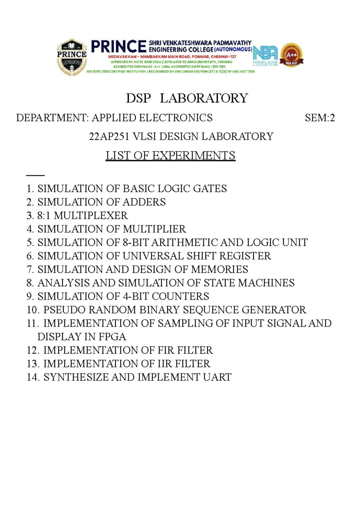 VLSI - vlsi lab - DSP LABORATORY DEPARTMENT: APPLIED ELECTRONICS SEM ...