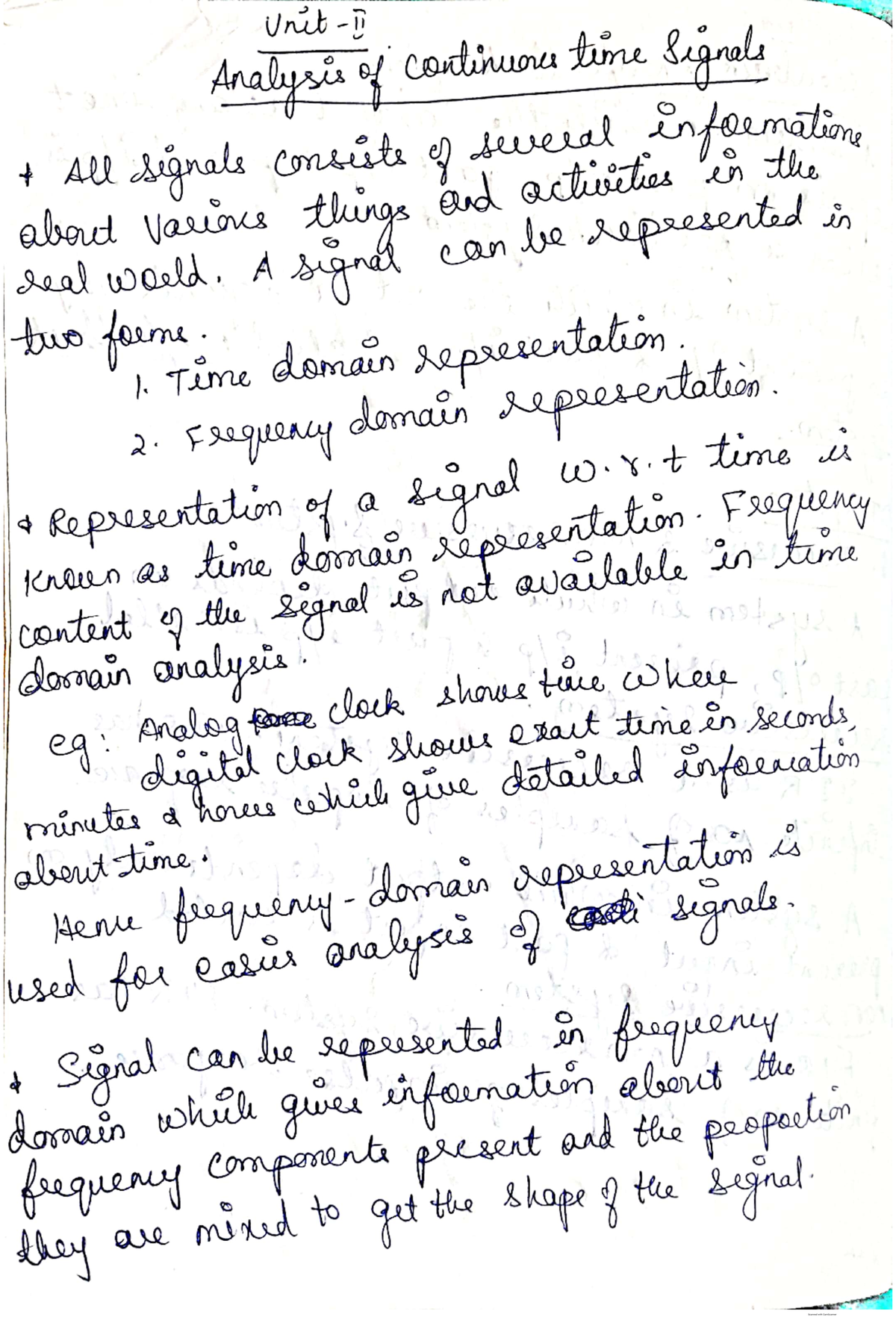 Unit2 SS - notes - Unit Analysis of continuous time Signals real about ...