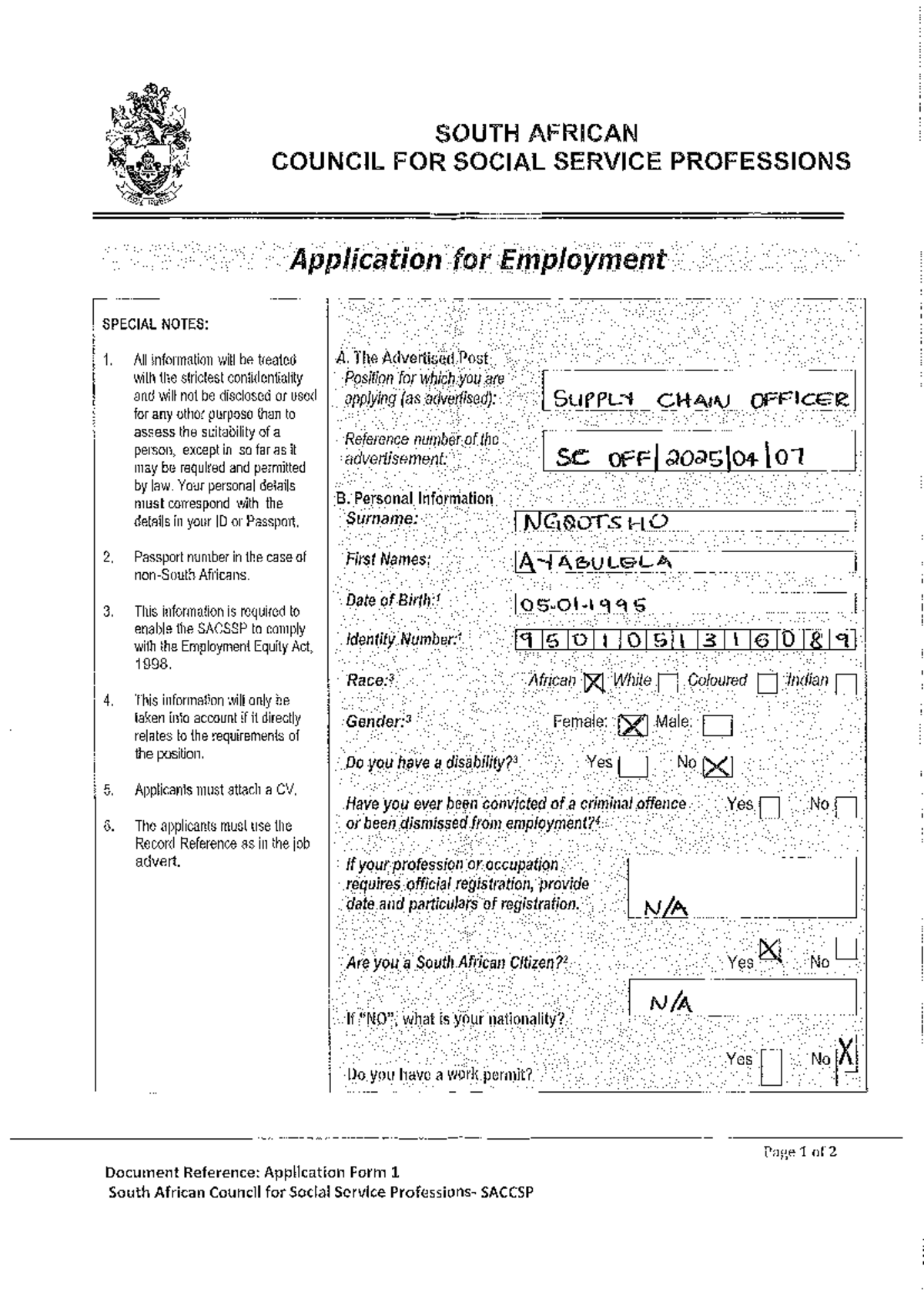 SACSSP SC Application for Employment: Supply Chain Officer Notes - Studocu