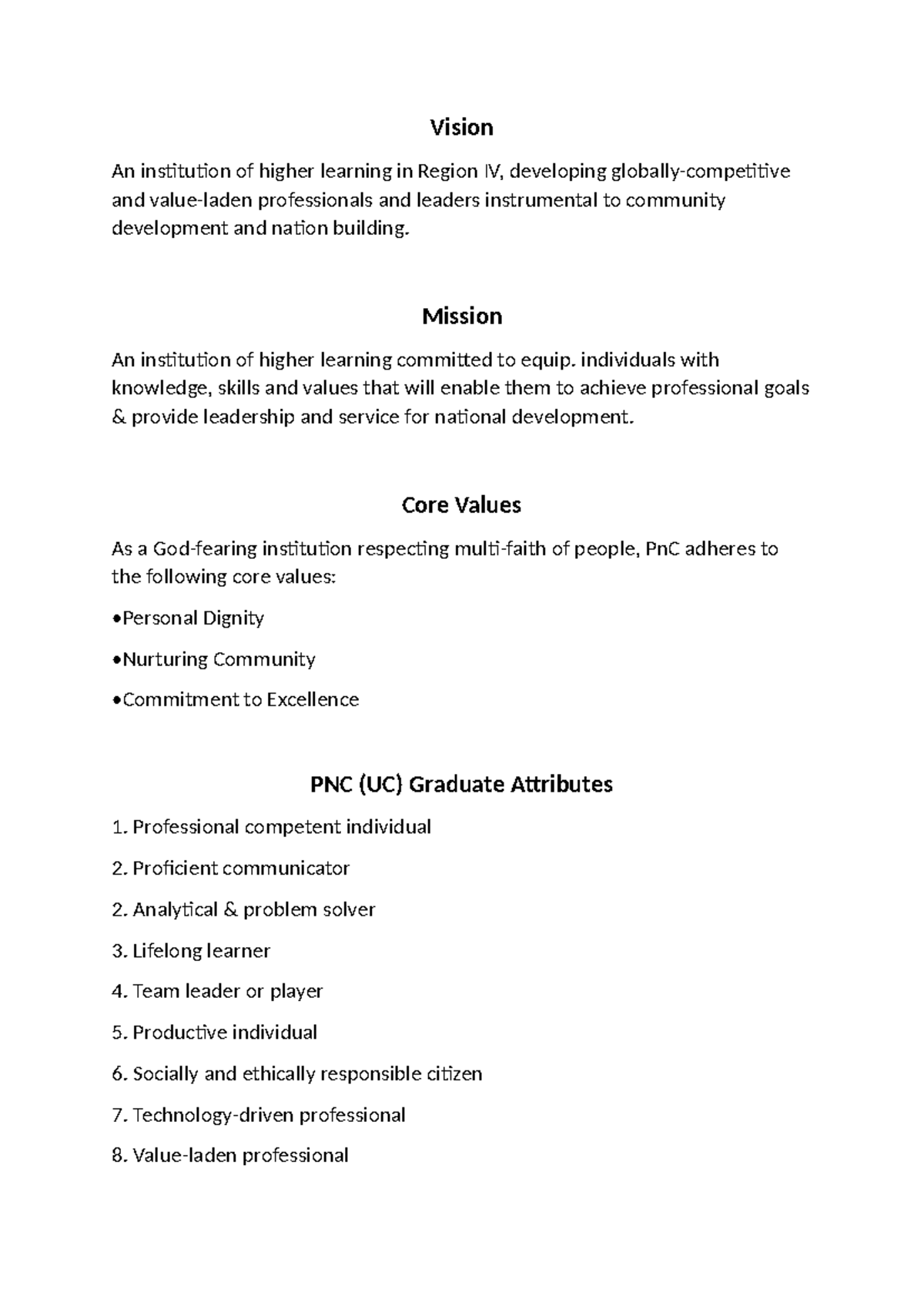 PNC Mission and Vision Statement: Core Values and Graduate Attributes ...