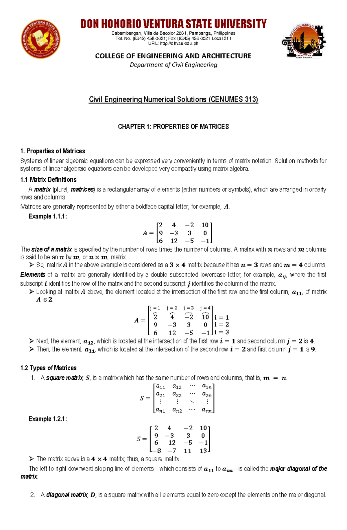 Chapter 1: Properties of Matrices - CENUMES 313 - Studocu
