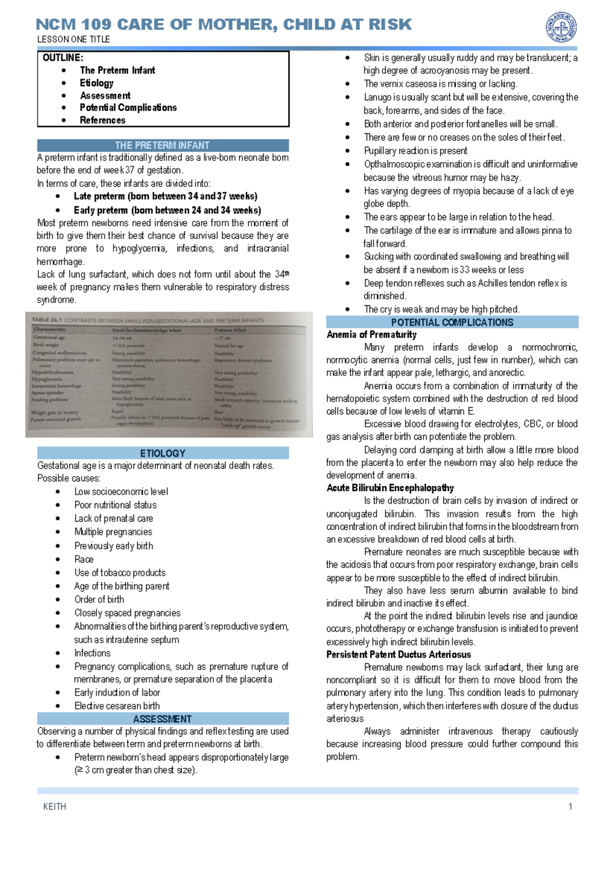 NCM 109 Care of Mother & Child at Risk: Preterm Infant Overview - Studocu
