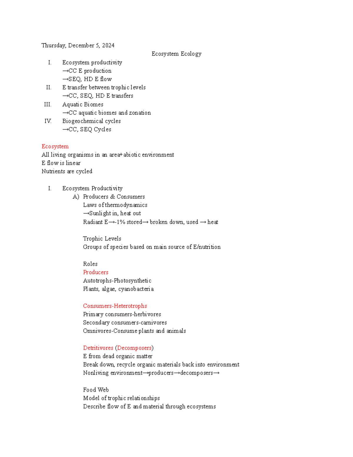 Ecosystem Ecology (L 25): Energy Flow, Trophic Levels, and ...