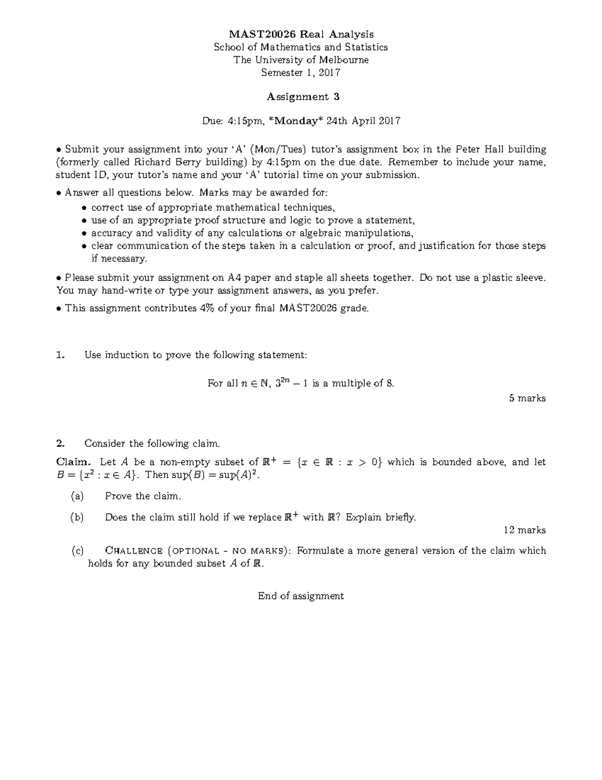 MAST20026 Assignment 3 - Real Analysis Guidelines & Instructions - Studocu