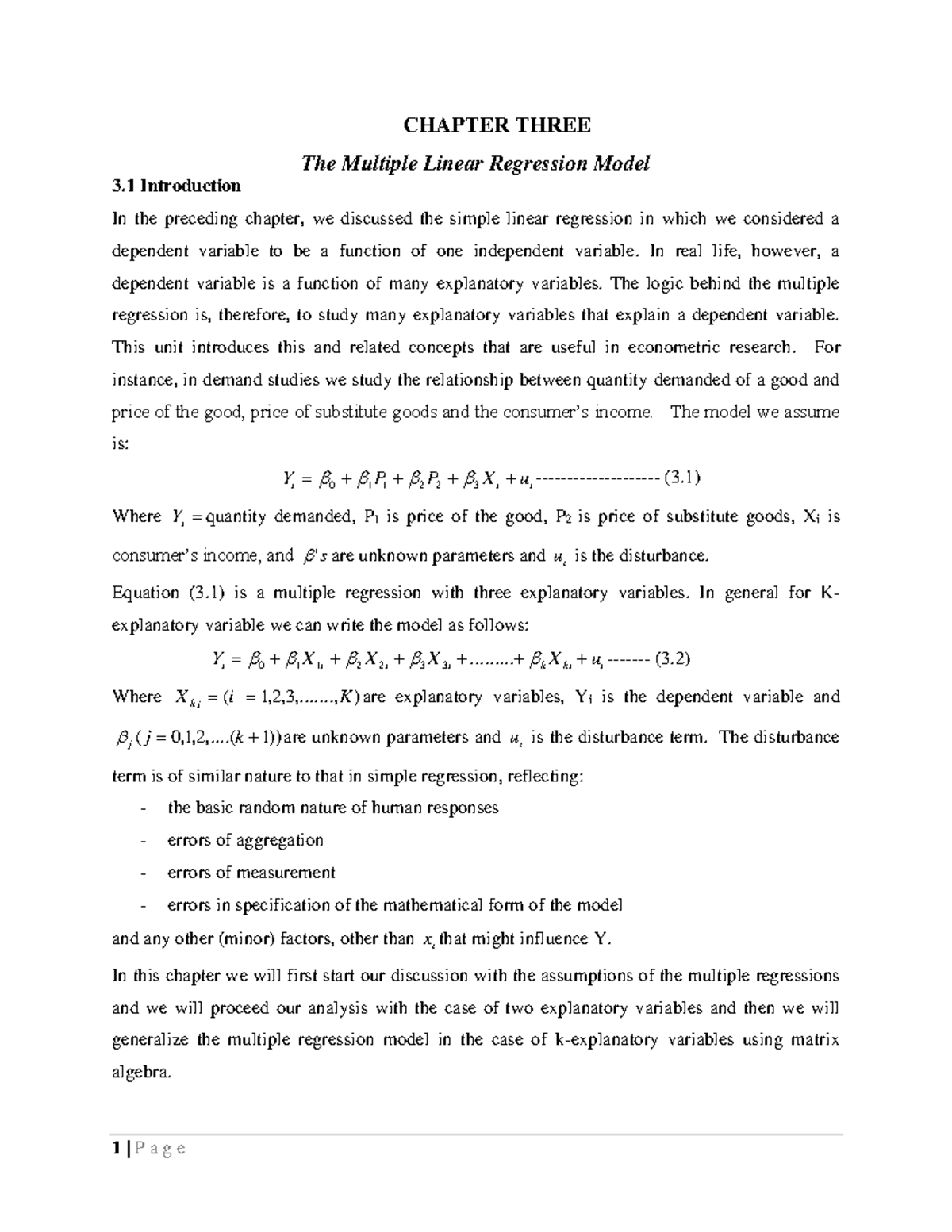 E Chapter Three - Short note for econometrics - CHAPTER THREE The ...