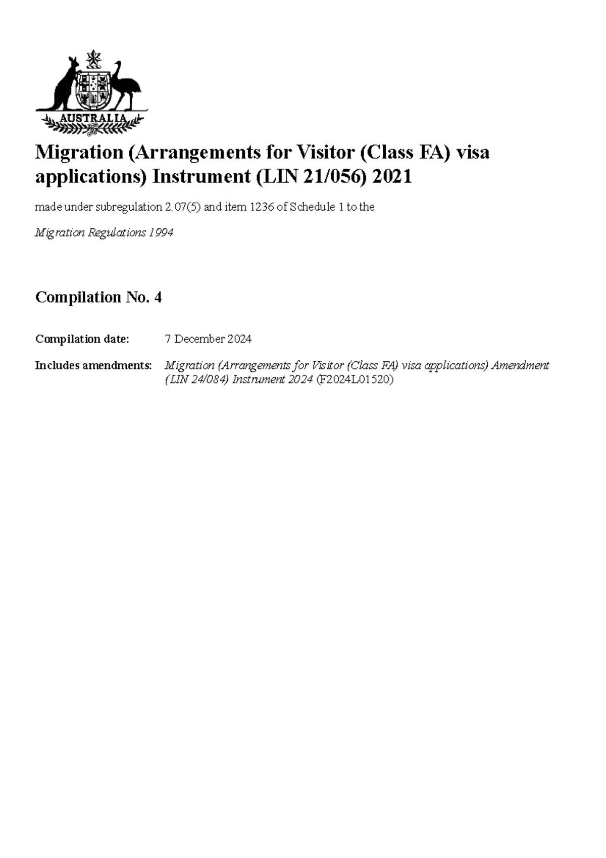 LIN 21-056: Arrangements for Visitor (Class FA) Visa Applications - Studocu