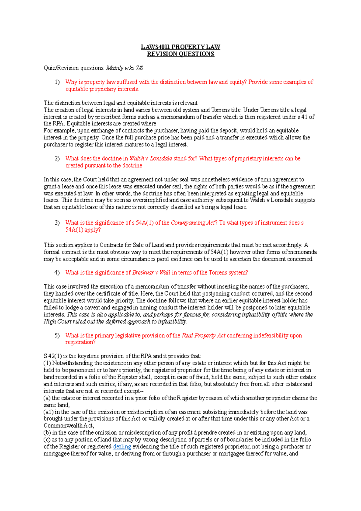 LAWS4011 Property Law - Practice Exam Questions Revision Guide - Studocu