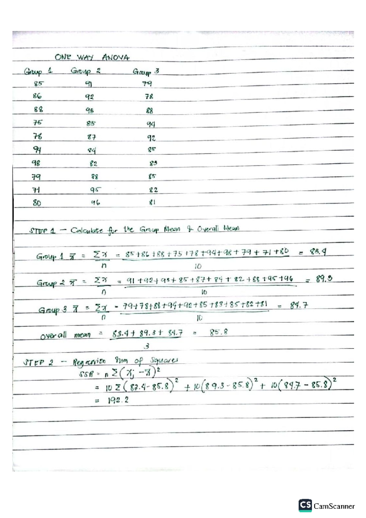 One-Way ANOVA Analysis: Group Means and Overall Mean Calculations - Studocu