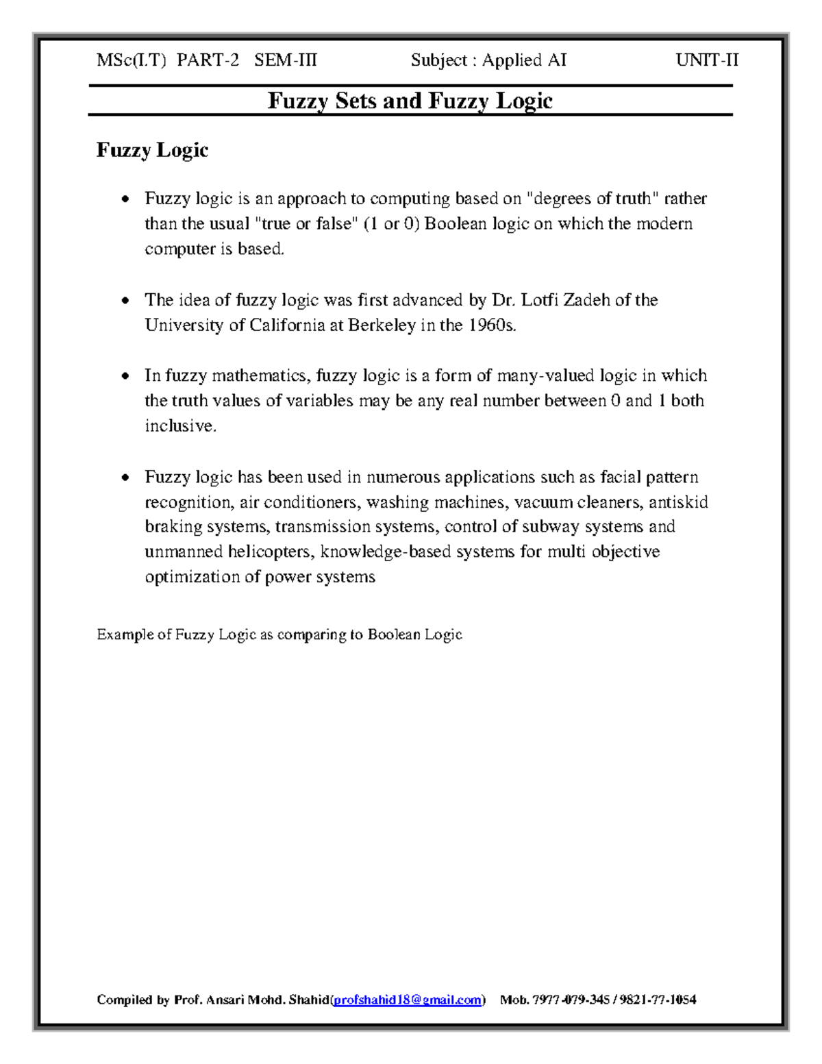 AAI UNIT-II Chap-2: Fuzzy Logic and Fuzzy Sets Overview - Studocu