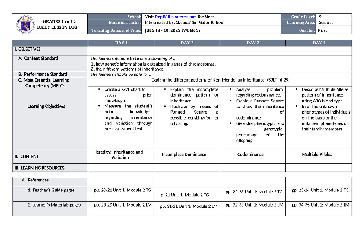 DLL Science 9 Q1 W5 - Inheritance and Variation Lesson Plan - Studocu