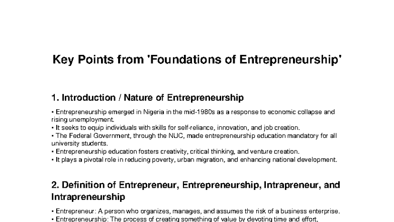 Key Points on Foundations of Entrepreneurship 251204 - Studocu