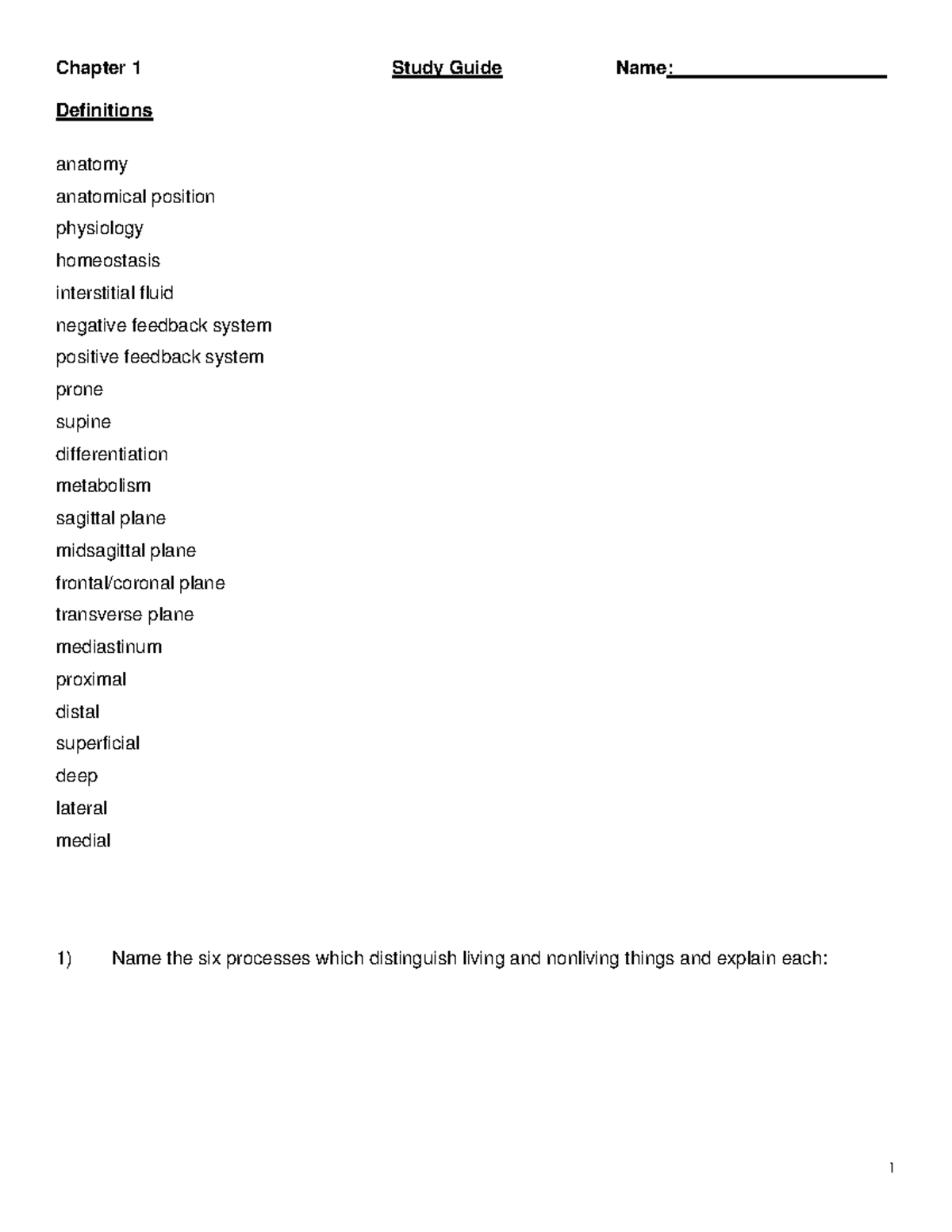 Anatomy & Physiology (BIO101) Chapter 1 Study Guide: Key Concepts - Studocu