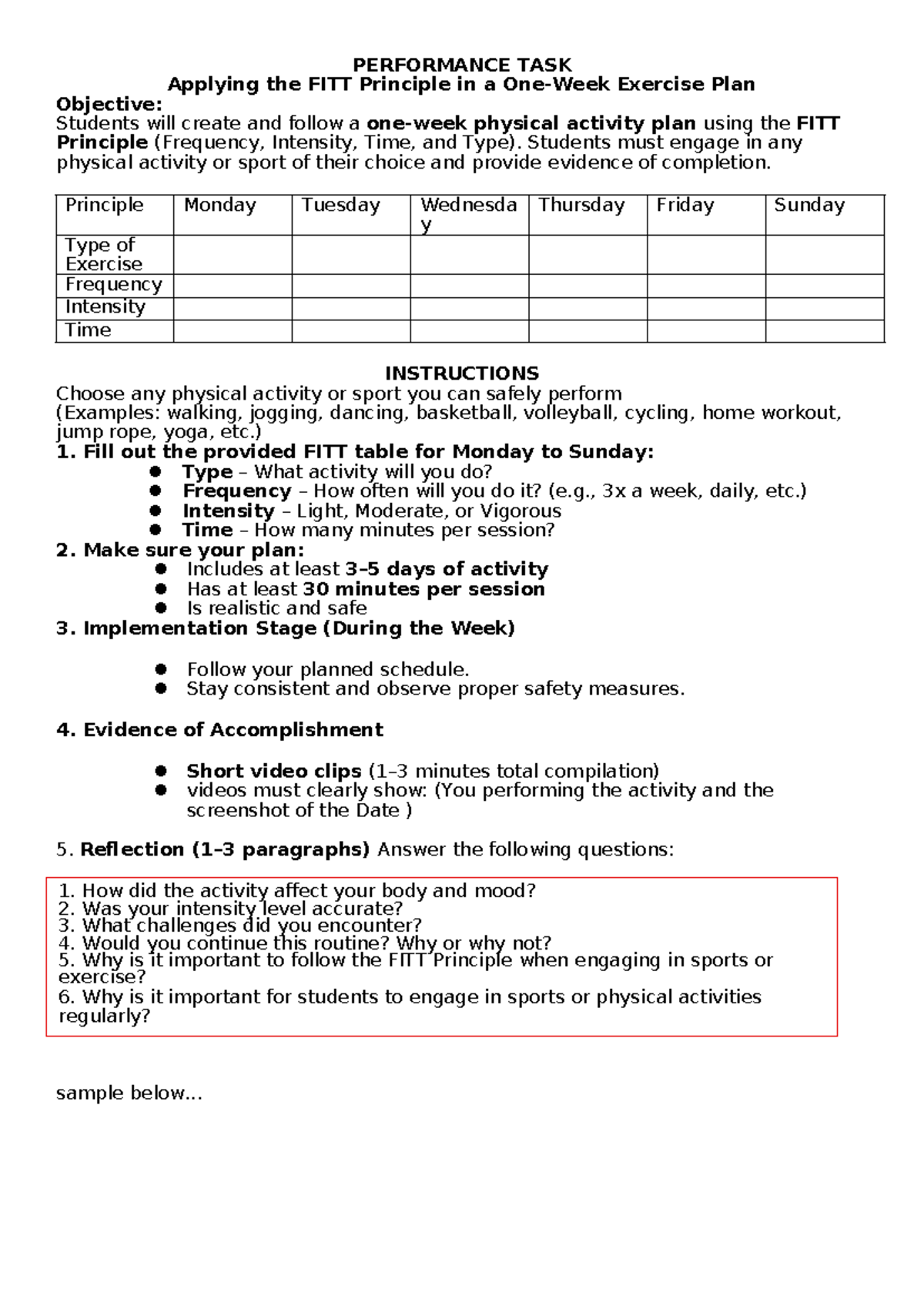 P.E. PT - Applying the FITT Principle in an Exercise Plan - Studocu