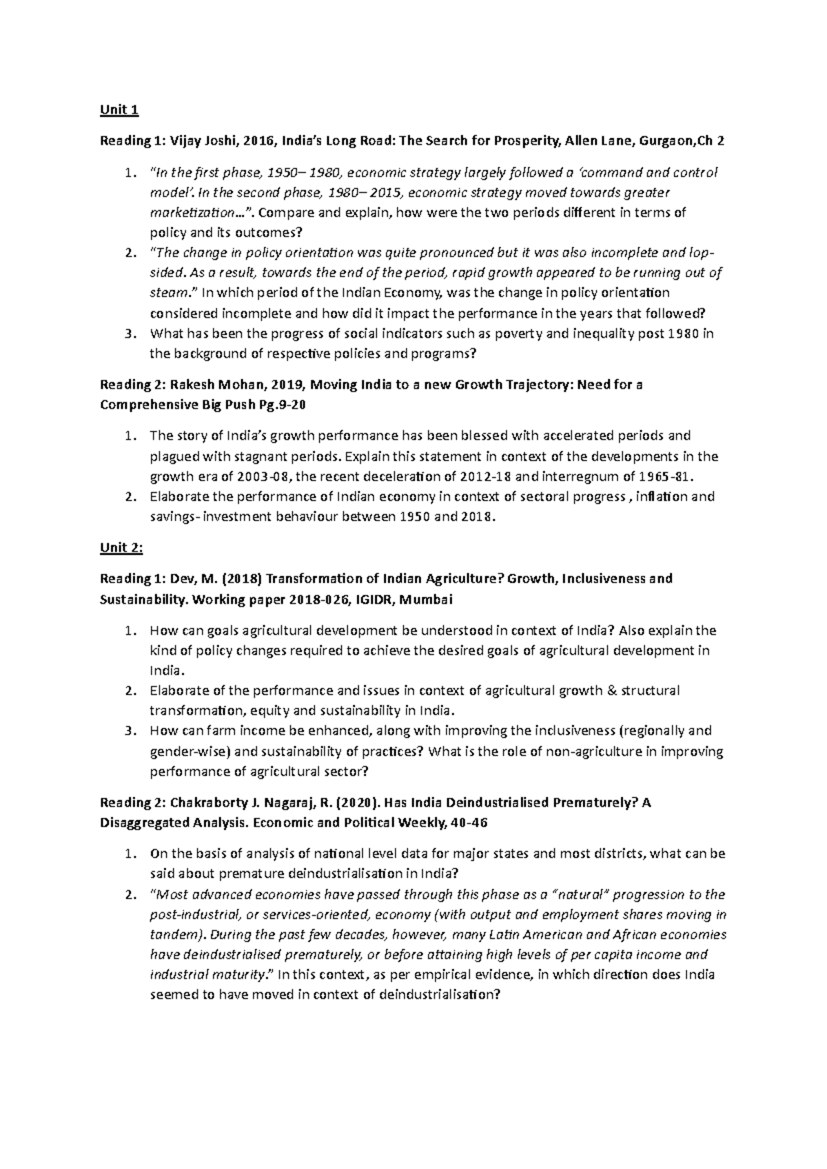 Indian Growth and Development: Practice Questions for Economic Analysis ...