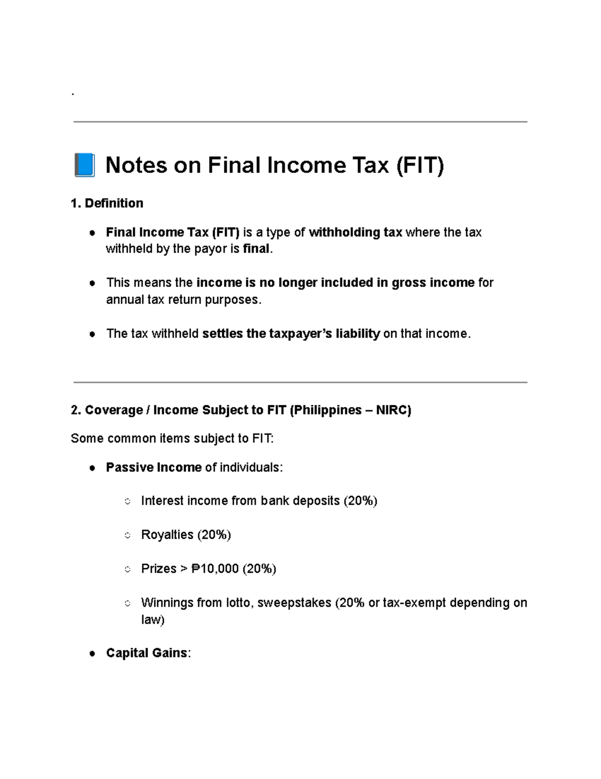 Final Exam Notes on Final Income Tax (FIT) Overview - Studocu