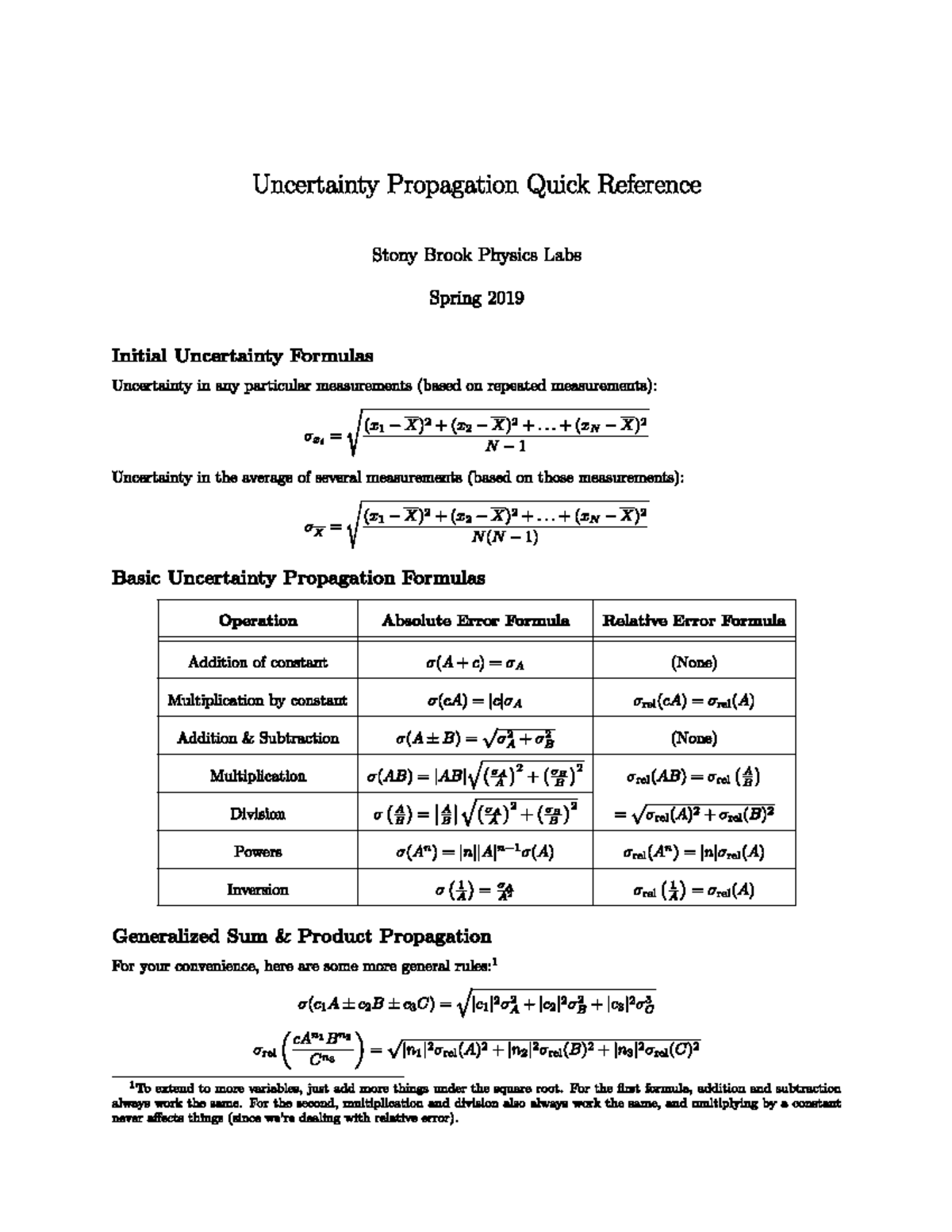 Uncertainty propagation reference - Uncertainty Propagation Quick ...