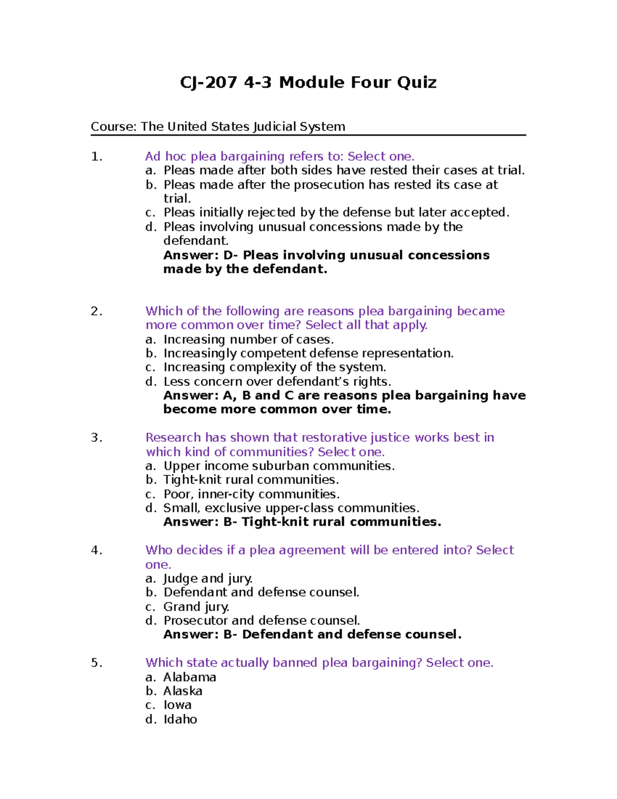 CJ 207 4-3 Module Four Quiz: Key Concepts in Judicial System - Studocu