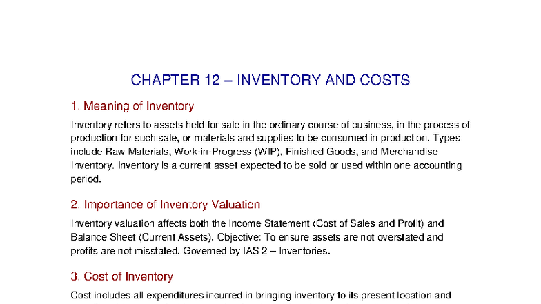 CH12 Inventory & Costs: Key Concepts & Valuation Methods - Studocu
