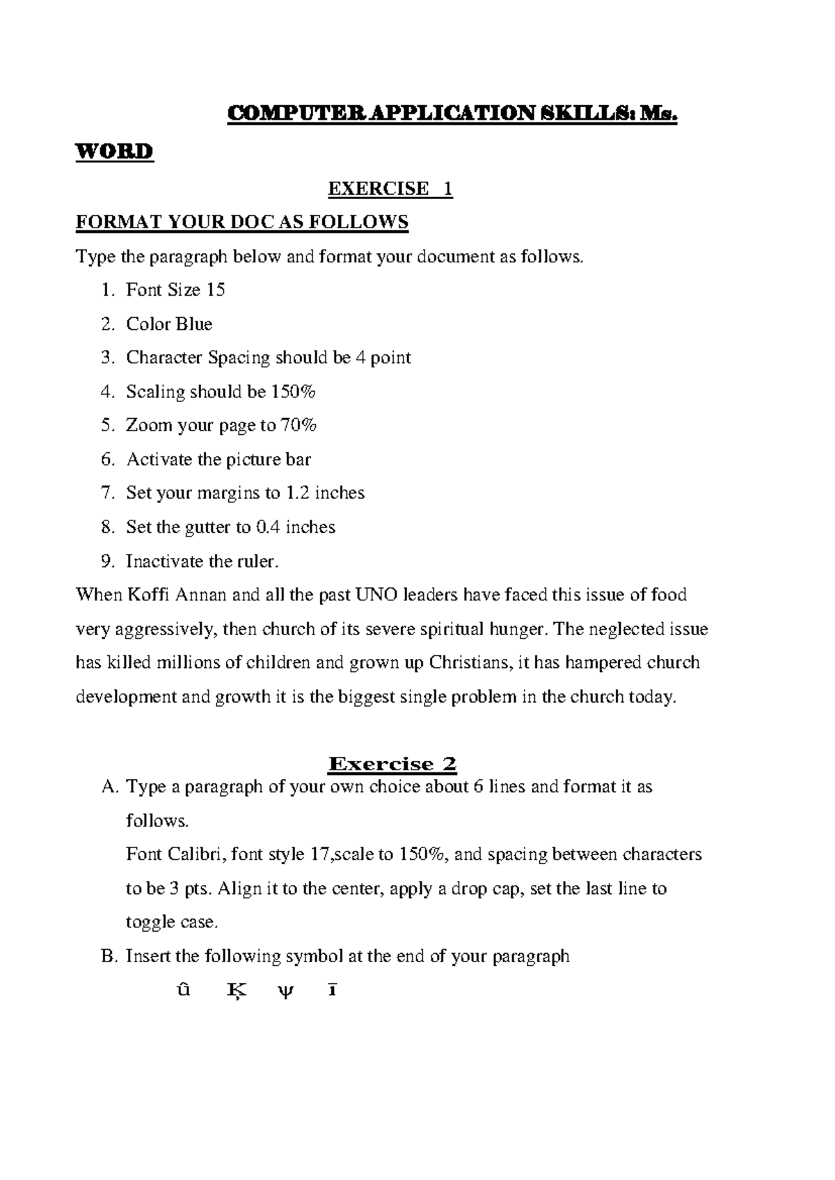 MS WORD Exercise 1 - COMPUTER APPLICATION SKILLS: Ms. WORD EXERCISE 1 ...