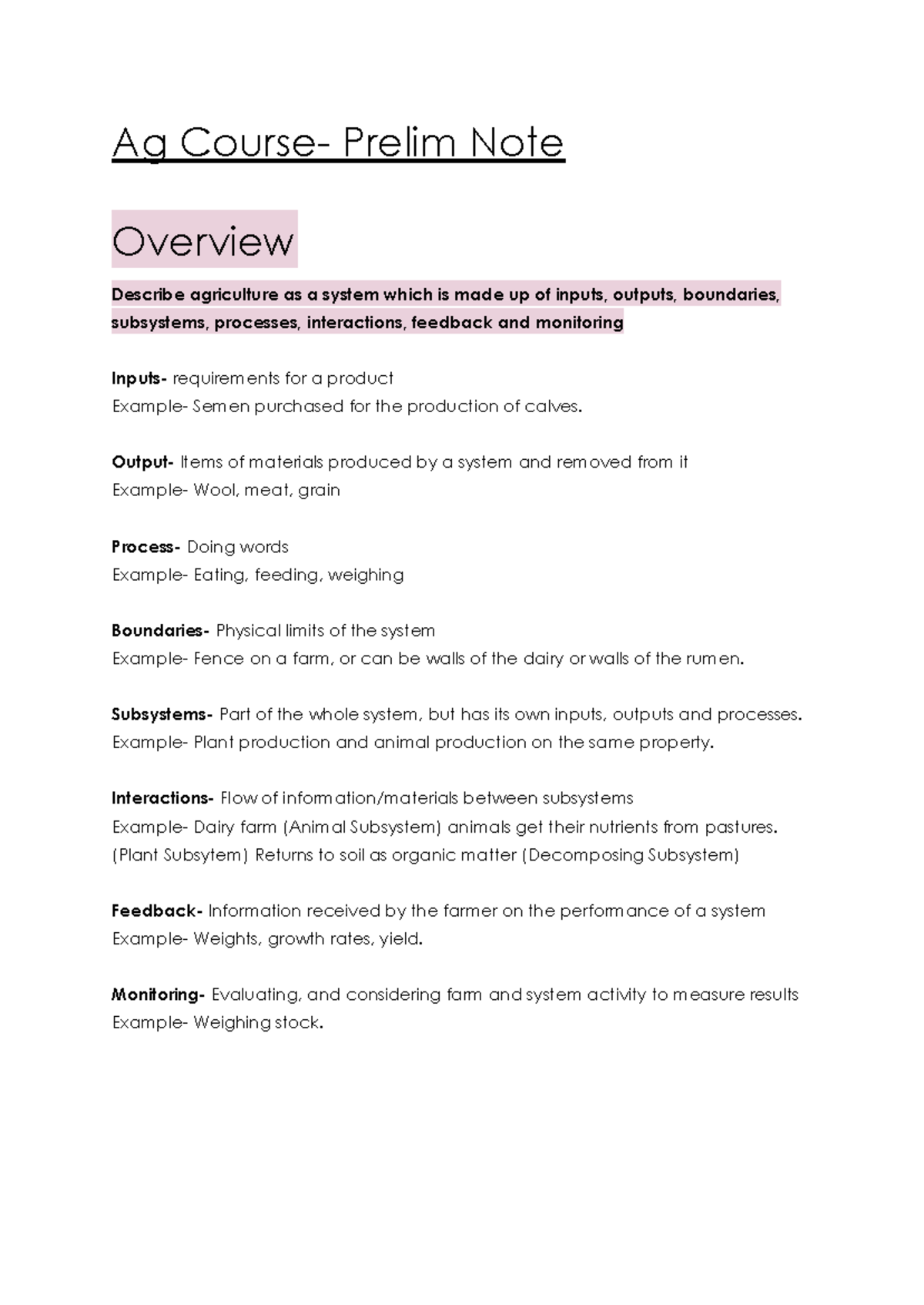 Ag Course Notes: Prelim Overview of Agricultural Systems and Practices ...