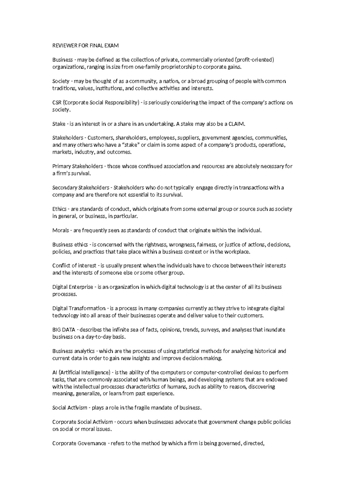 REVIEWER FOR FINAL EXAM GE 9: Business Ethics & CSR Insights - Studocu