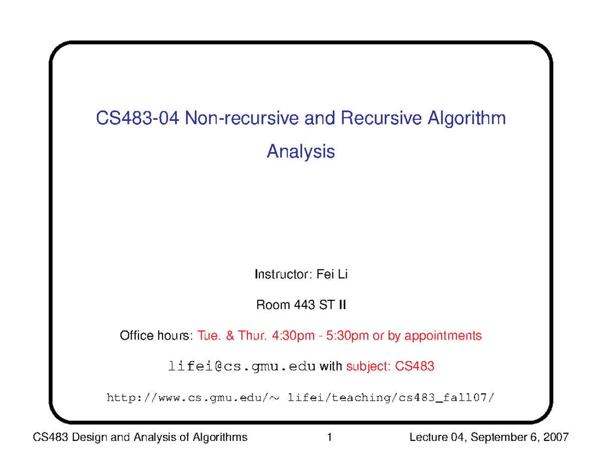 Lecture 04 - Non-Recursive and Recursive Algorithms Overview (CS483-04 ...