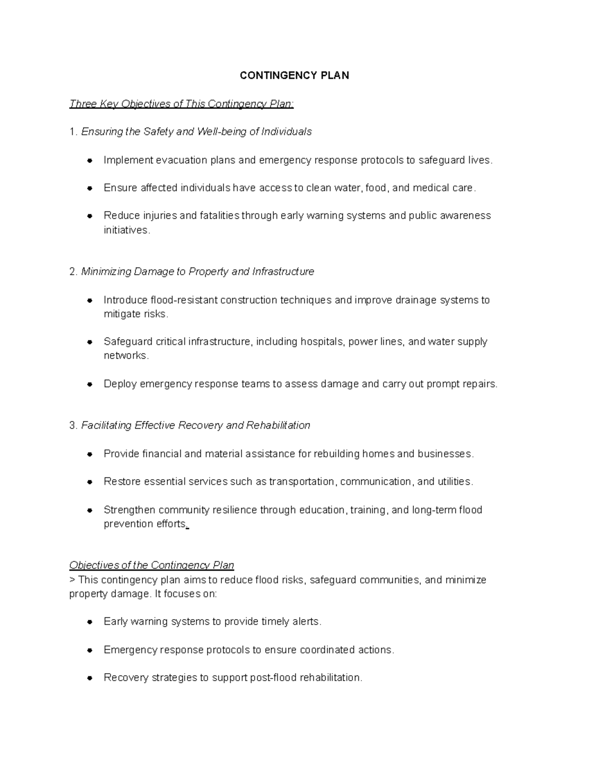 Contingency Plan: Key Objectives for Flood Risk Management - Studocu