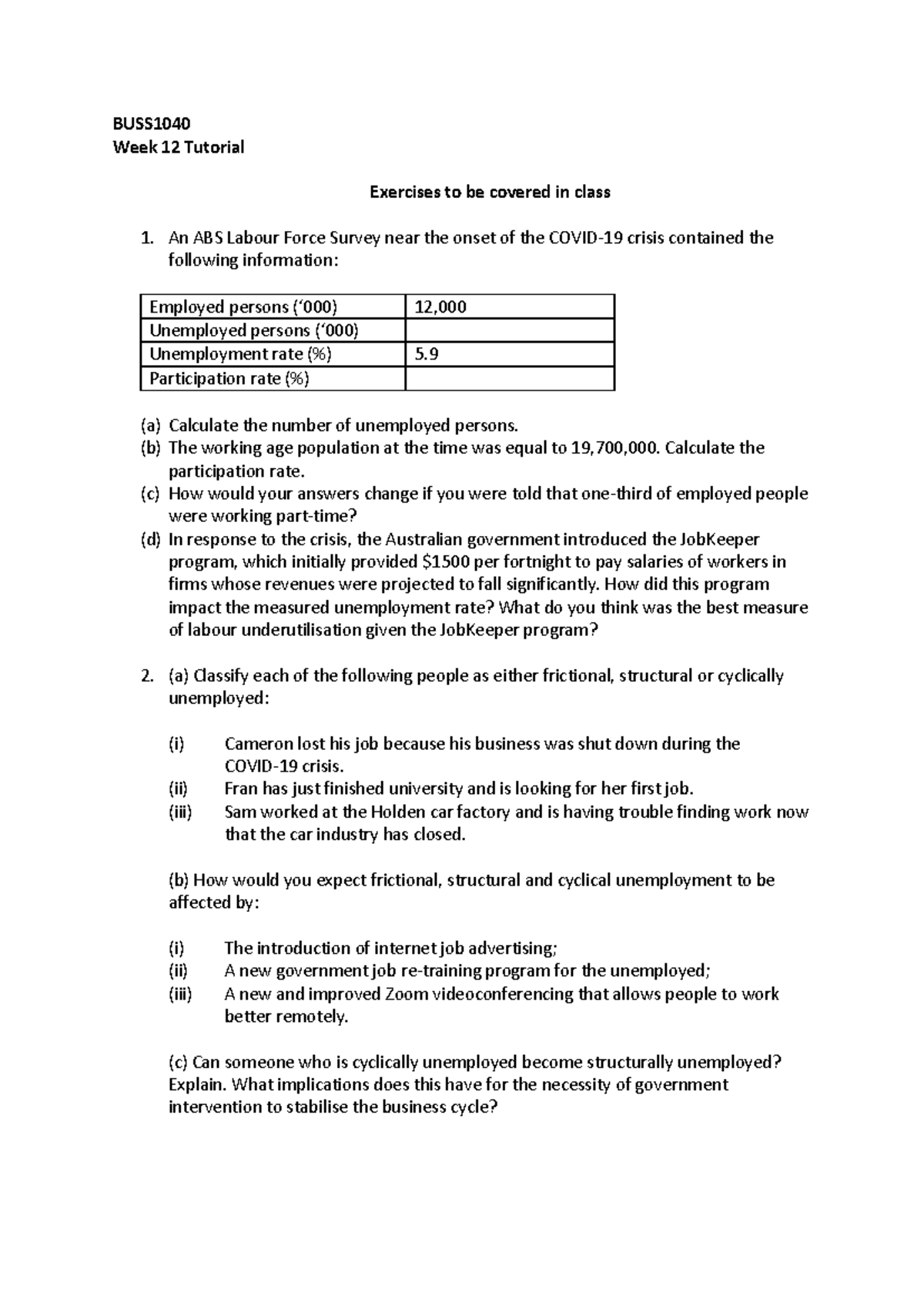 BUSS1040 Week 12 Tutorial Exercises: Unemployment & Inflation Analysis ...